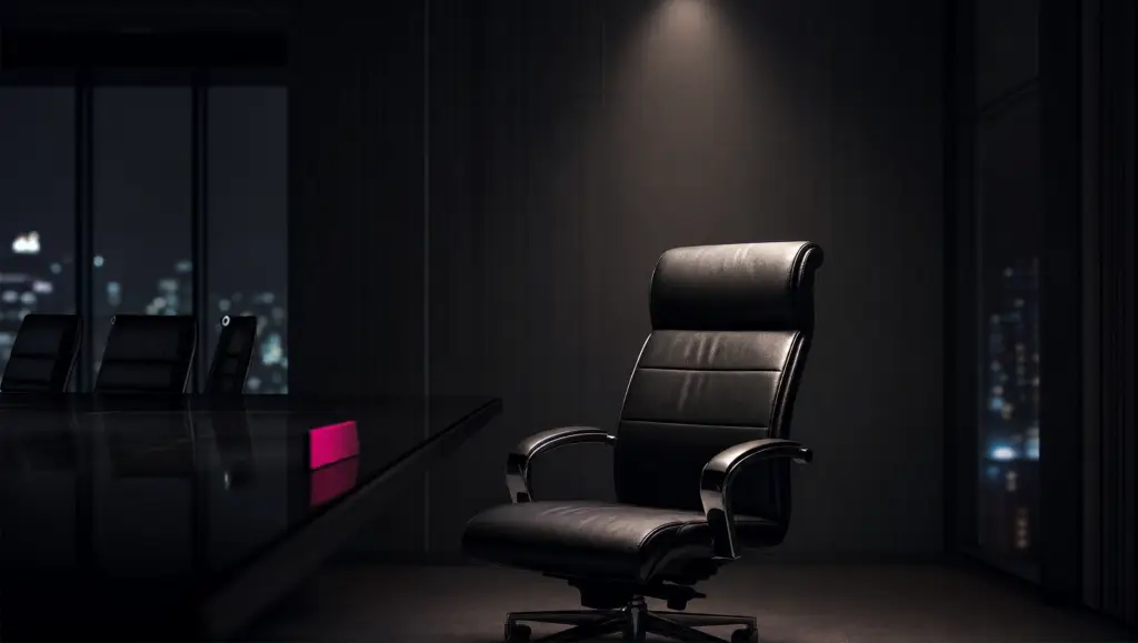 Empty leather executive chair at a dark boardroom table with a magenta accent on the table edge