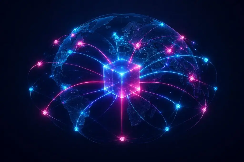 A glowing product cube radiating light pathways to a network of nodes across a wireframe globe