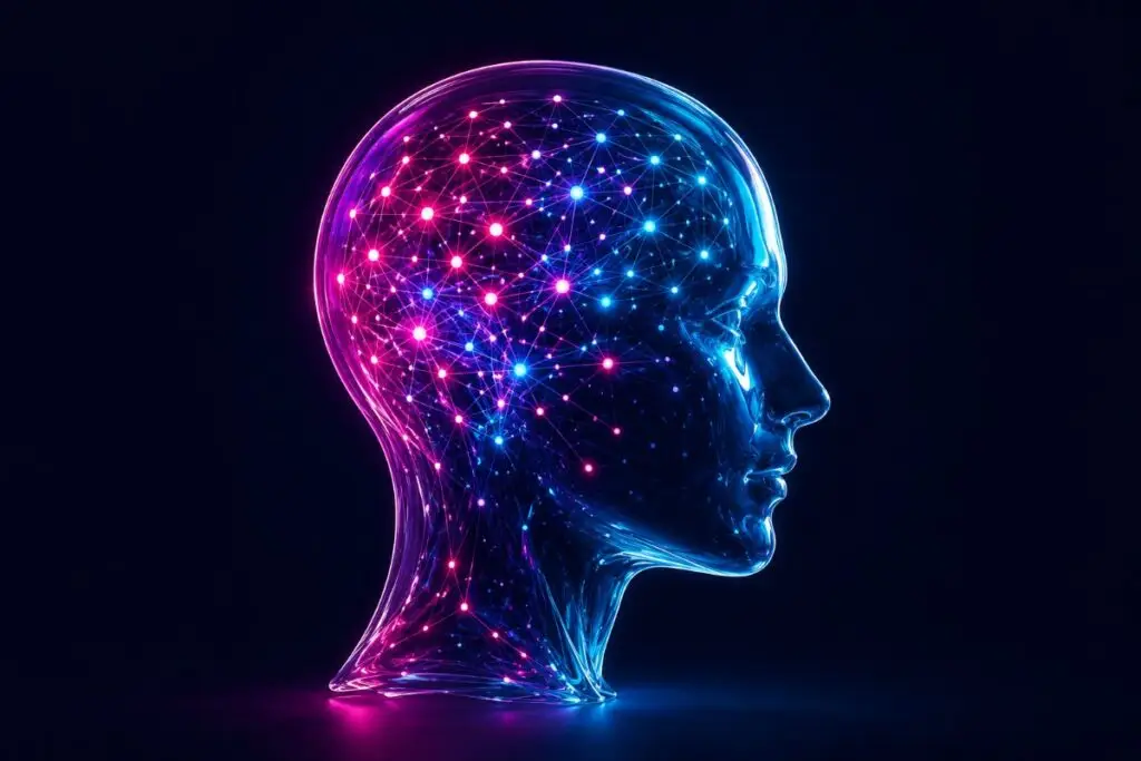 A glowing human head filled with a neural network of magenta and cyan nodes, decision mapping